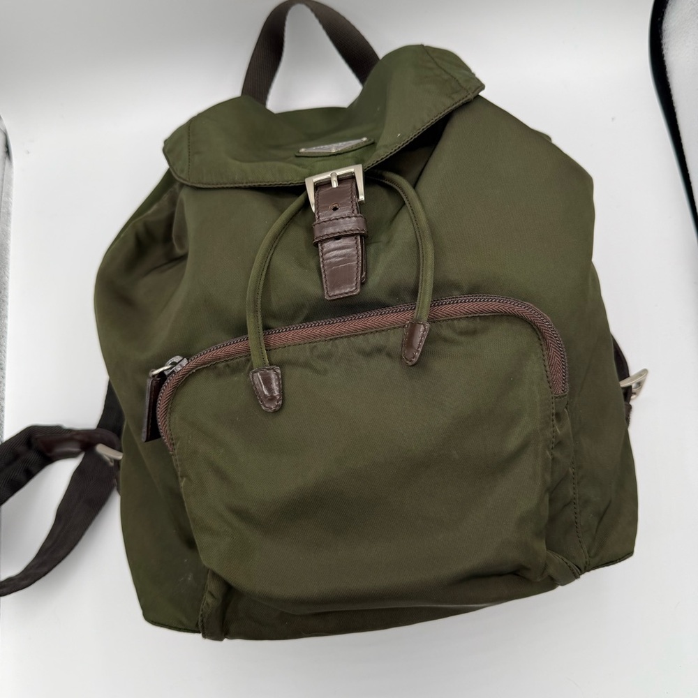 Prada Olive Green Nylon Backpack with Brown Leather Trim